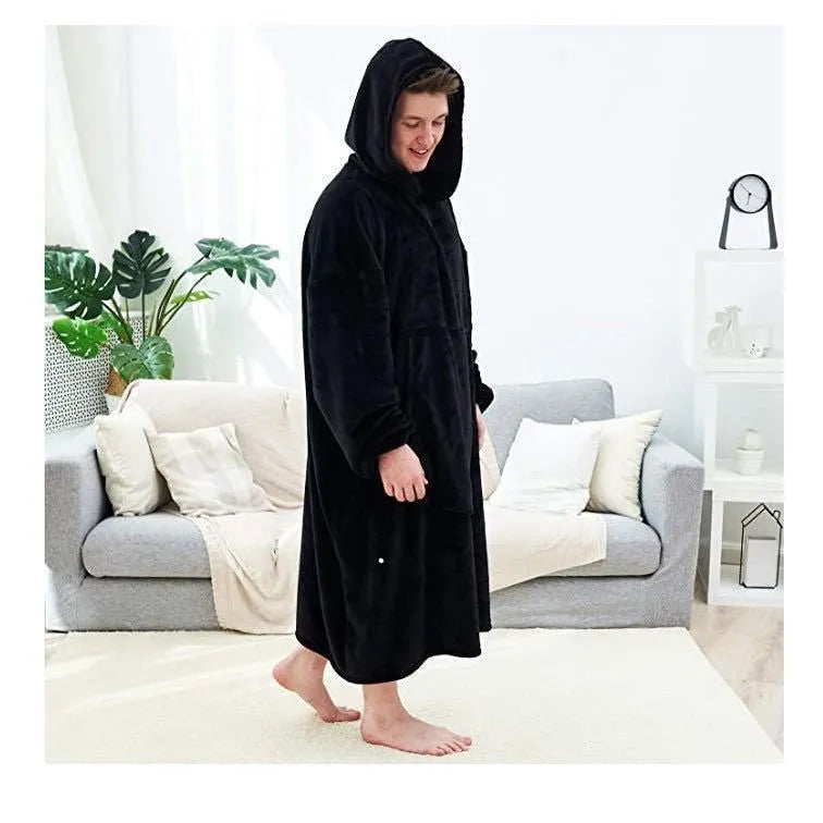 Women's thick flannel blanket hoodie in solid colour with pocket and stitching, pullover style, 80cm length