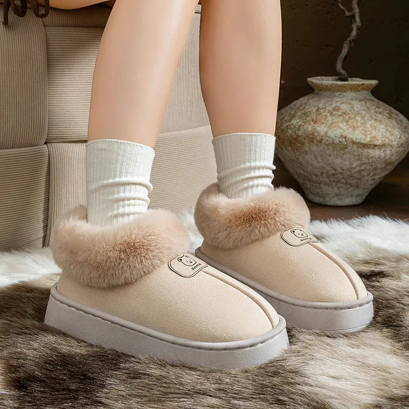 Women's ankle wrap cotton slippers with plush upper, flat heel, available in beige, black, gray, khaki