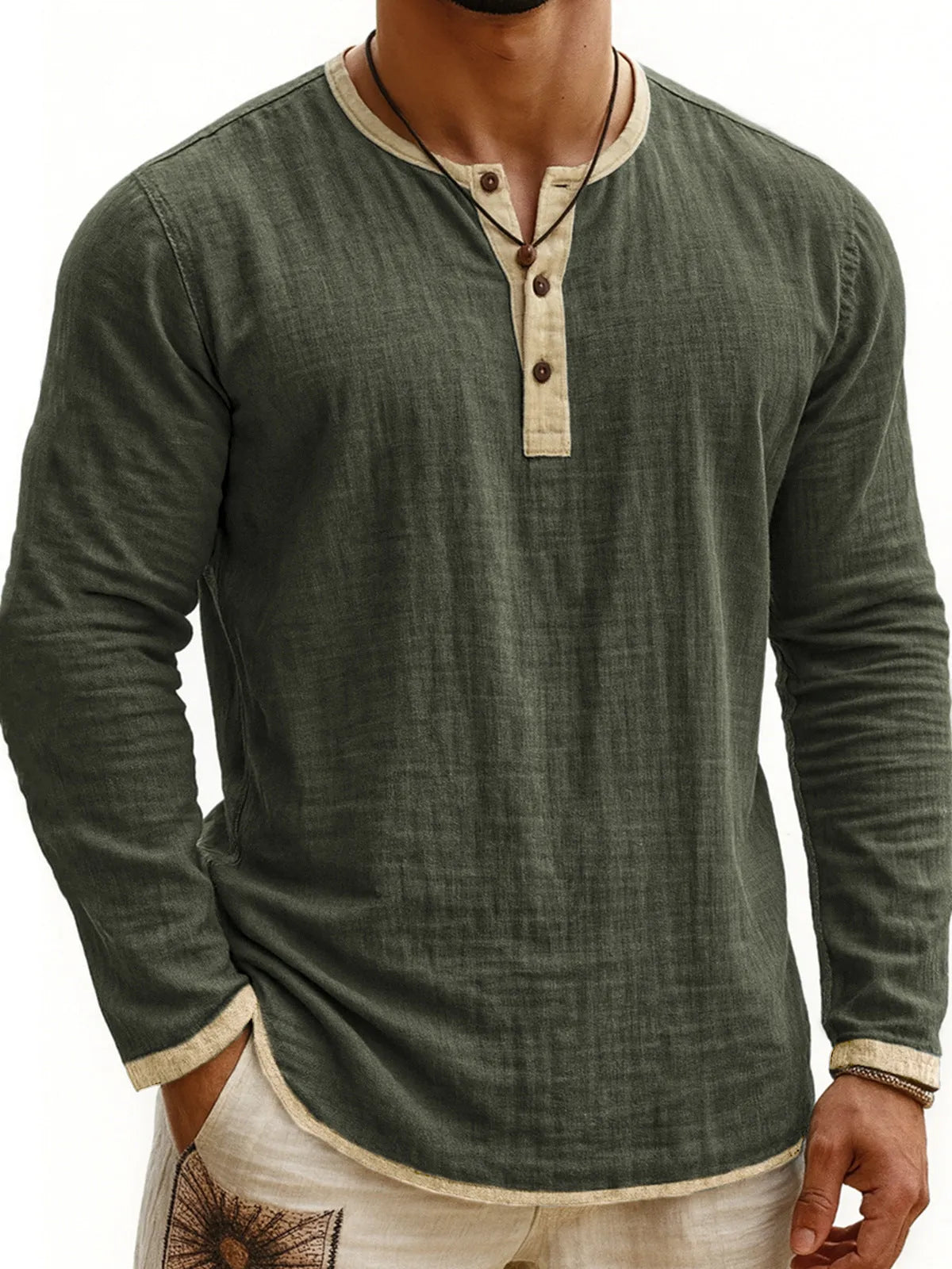 Digital printing two-tone men's Henley shirt with three-button placket and long sleeves in slim fit