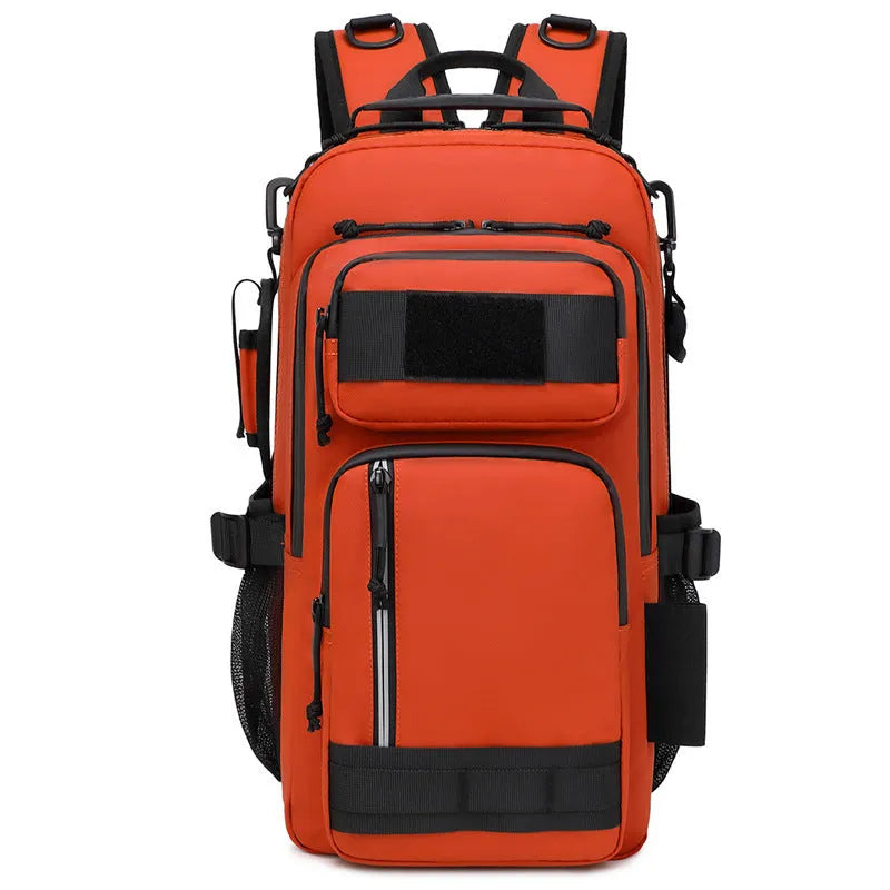 Large Derm outdoor backpack in black, shown with 20-35L capacity suitable for hiking and camping.