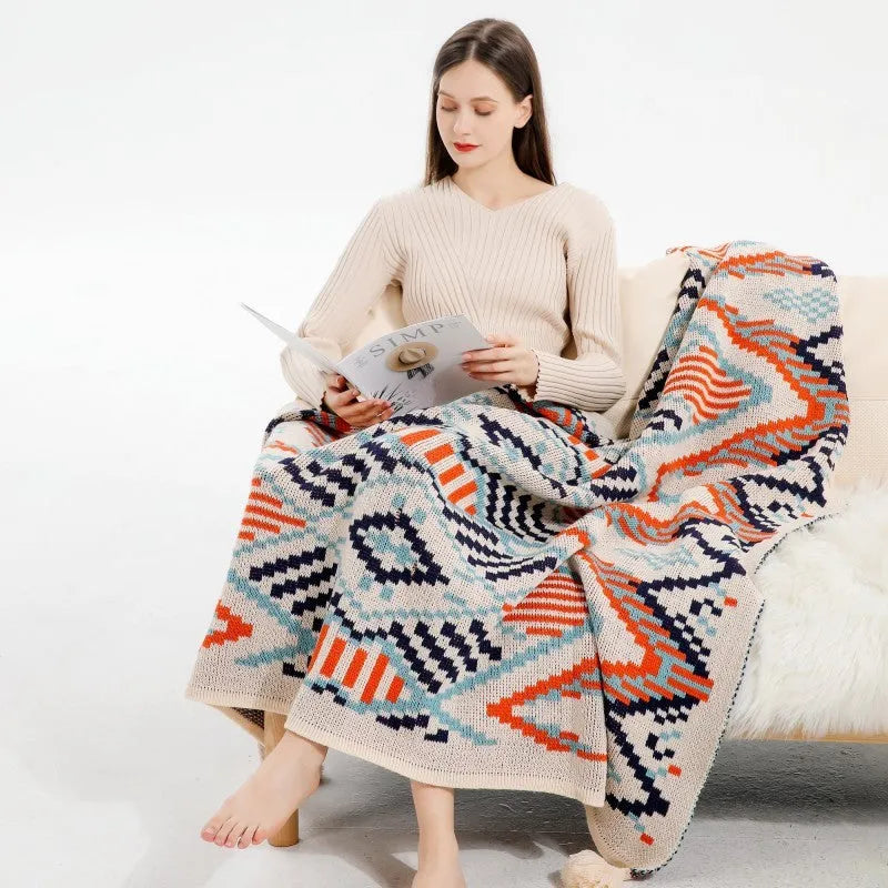 Bohemian acrylic sofa cover blanket with tassels in geometric pattern colours