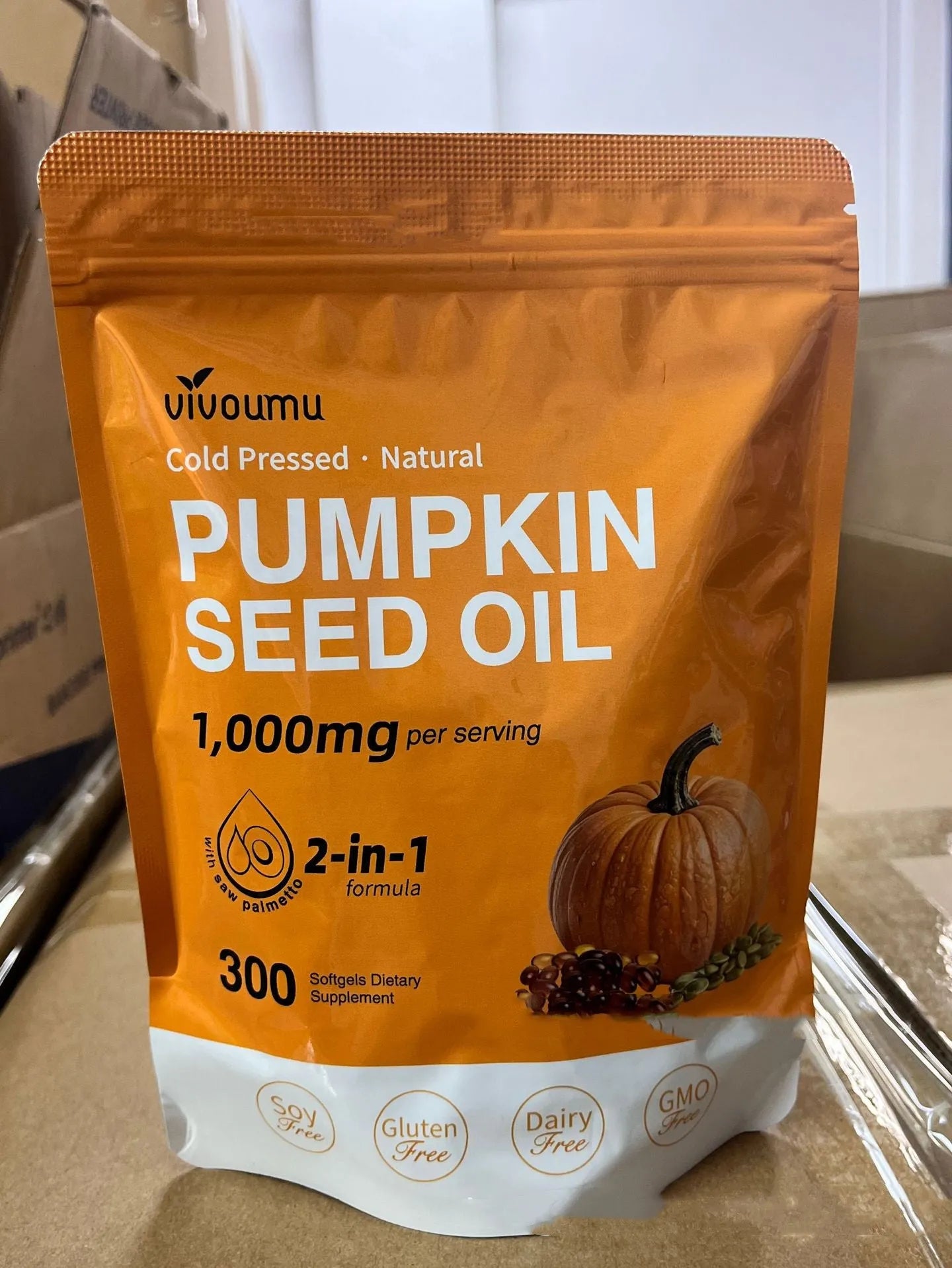 Bottle of Vitamin Diet Yellow Pumpkin Seeds soft capsules for adult daily supplement