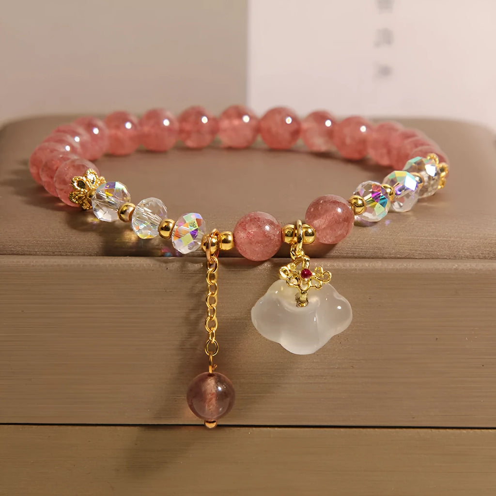 Women's natural crystal bracelet with strawberry quartz and white agate beads, auspicious cloud accents, 40g, on white background