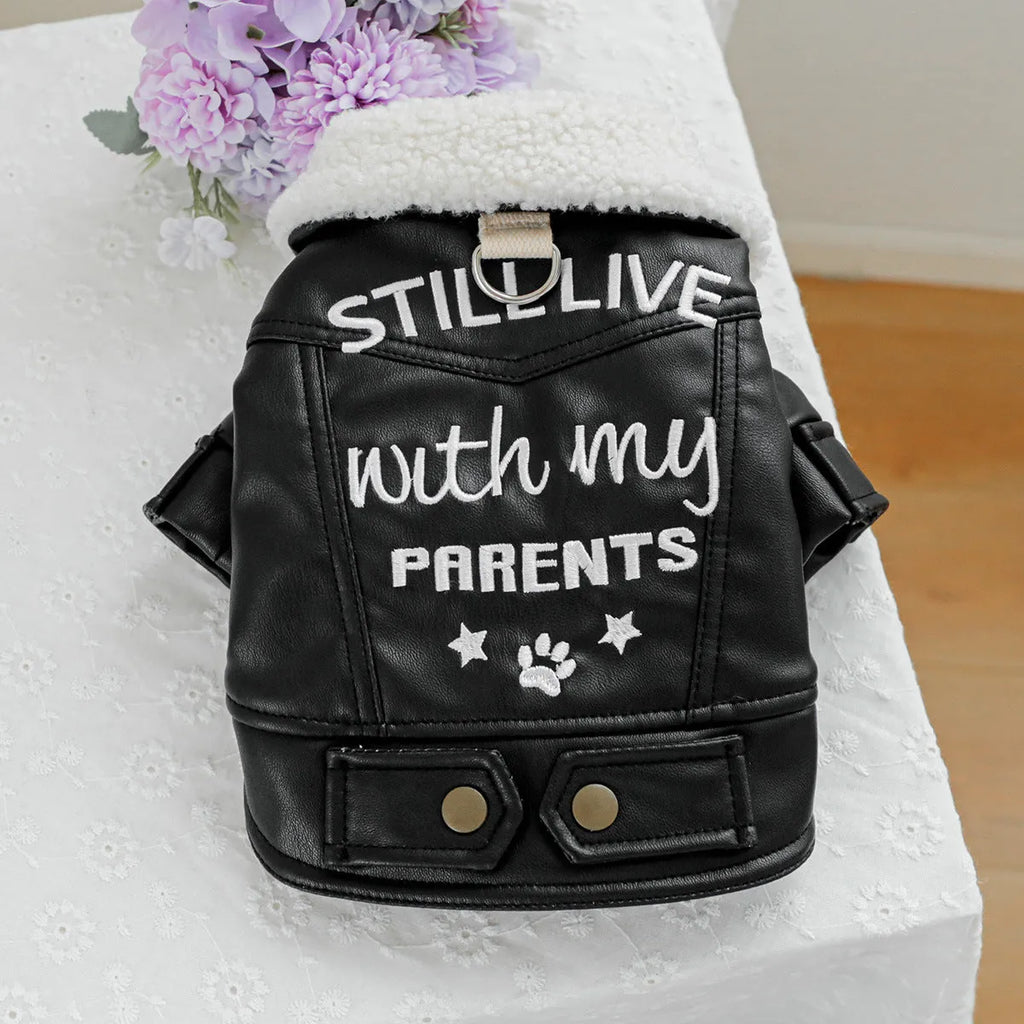 Fleece lined padded dog coat in three colours with size measurement chart