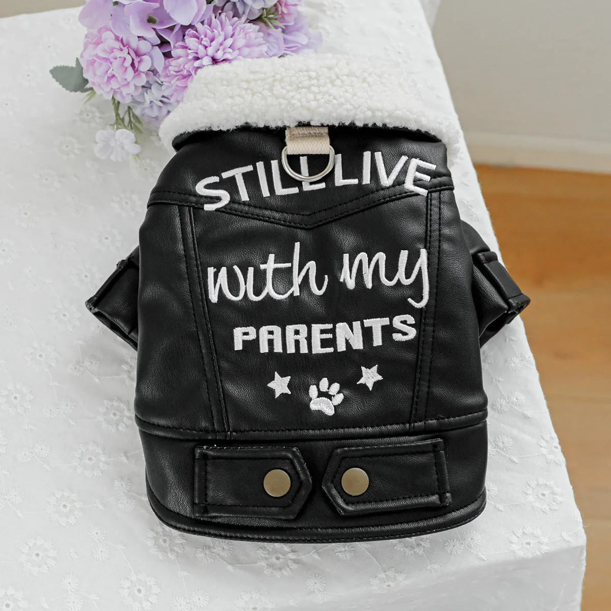 Fleece lined padded dog coat in three colours with size measurement chart
