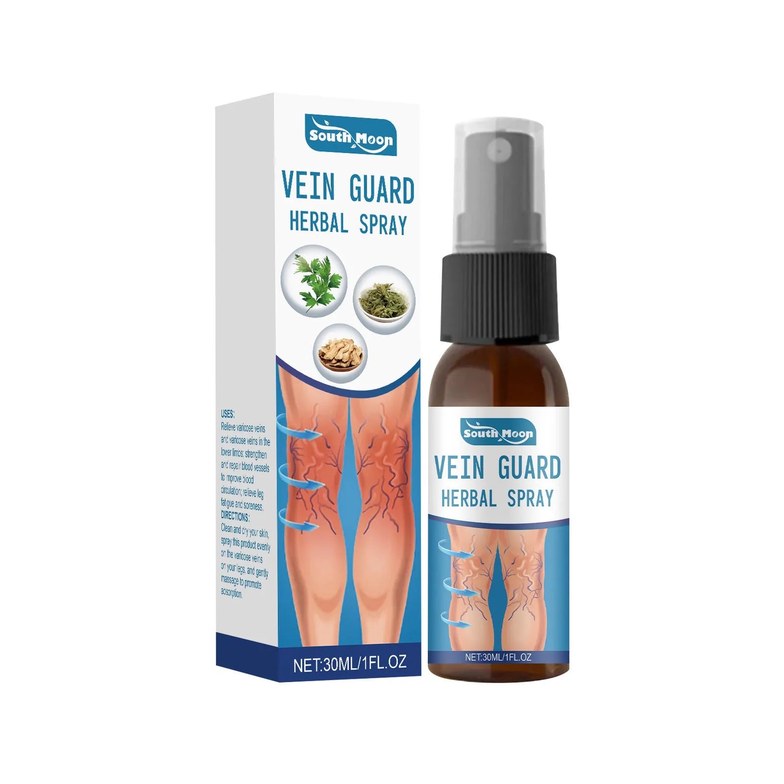 30ml bottle of herbal body care spray with botanical ingredients on a white background.