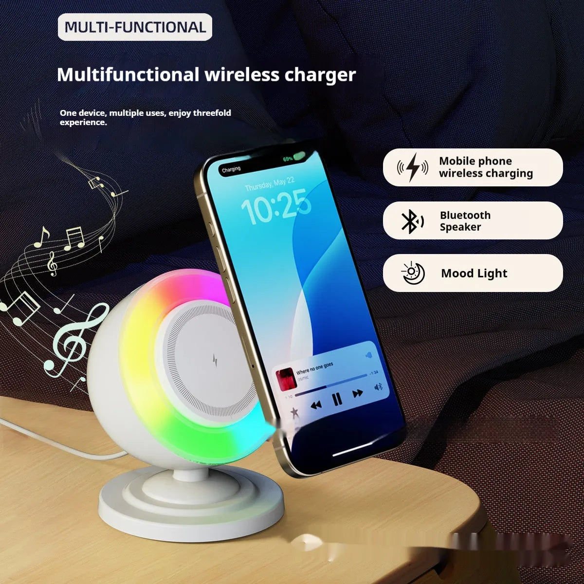 Three-in-one wireless charger with Bluetooth speaker and coloured lights in white finish on a desk