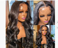 Black medium-long curly synthetic wig with natural waves, 22-inch length on mannequin head