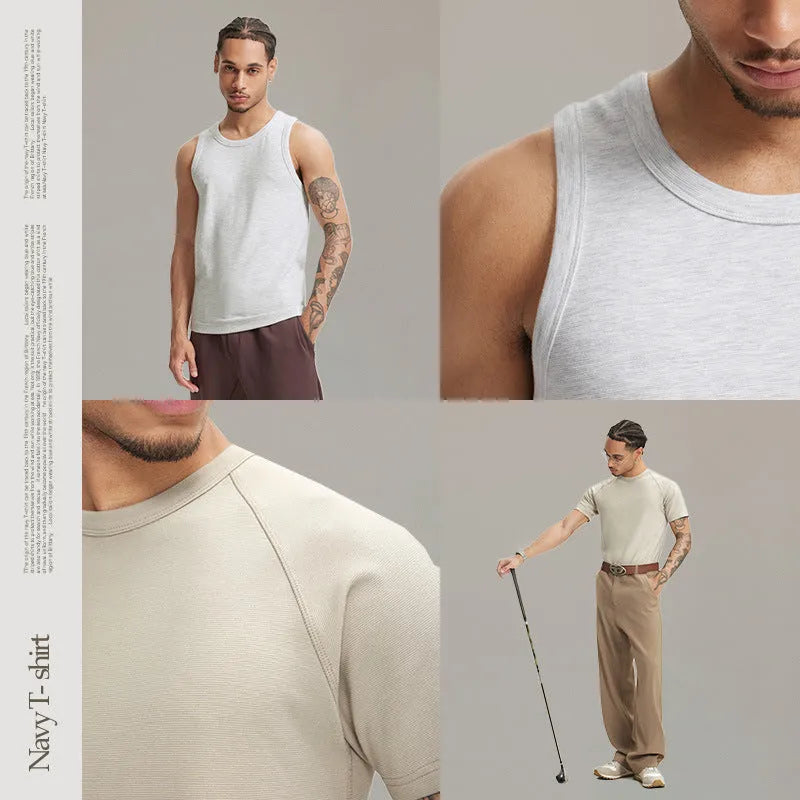 Slim fit men's or women's stretch top shown as a vest and short sleeve tee in beige, grey, and black colours.