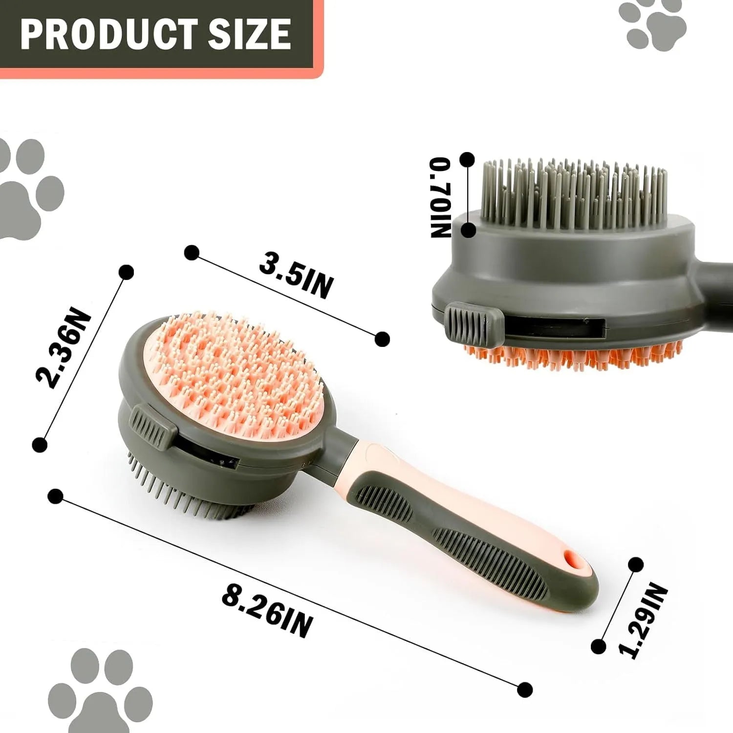 Green and pink double-sided cat brush with release button and a separate flea comb on a white background.