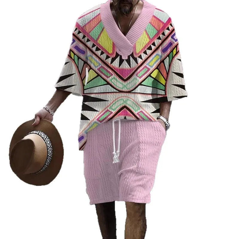 A man's loose-fitting casual short sleeve suit in a solid colour, featuring a short-sleeve top and matching shorts.