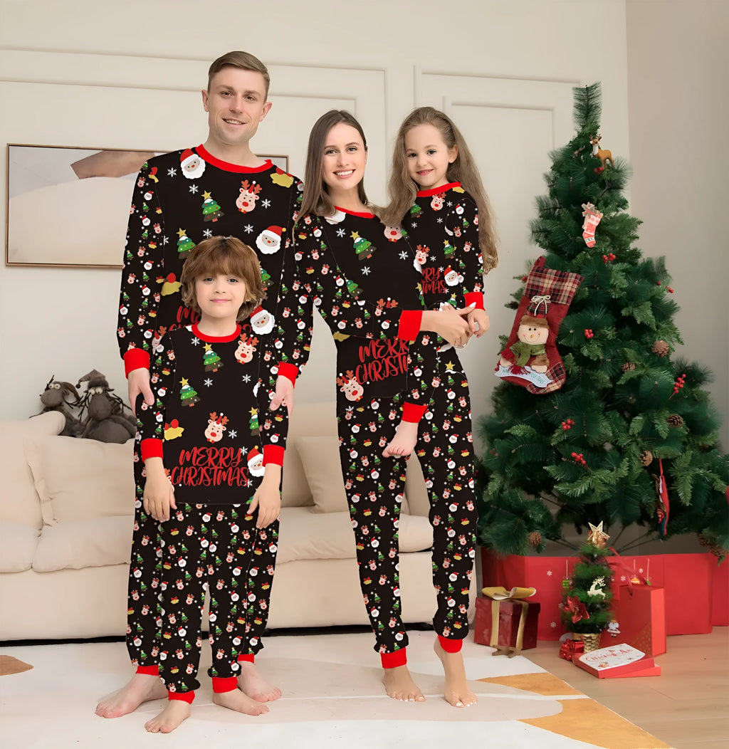 Family wearing matching red plaid Christmas pajamas, including parents, two children, a baby, and a dog.