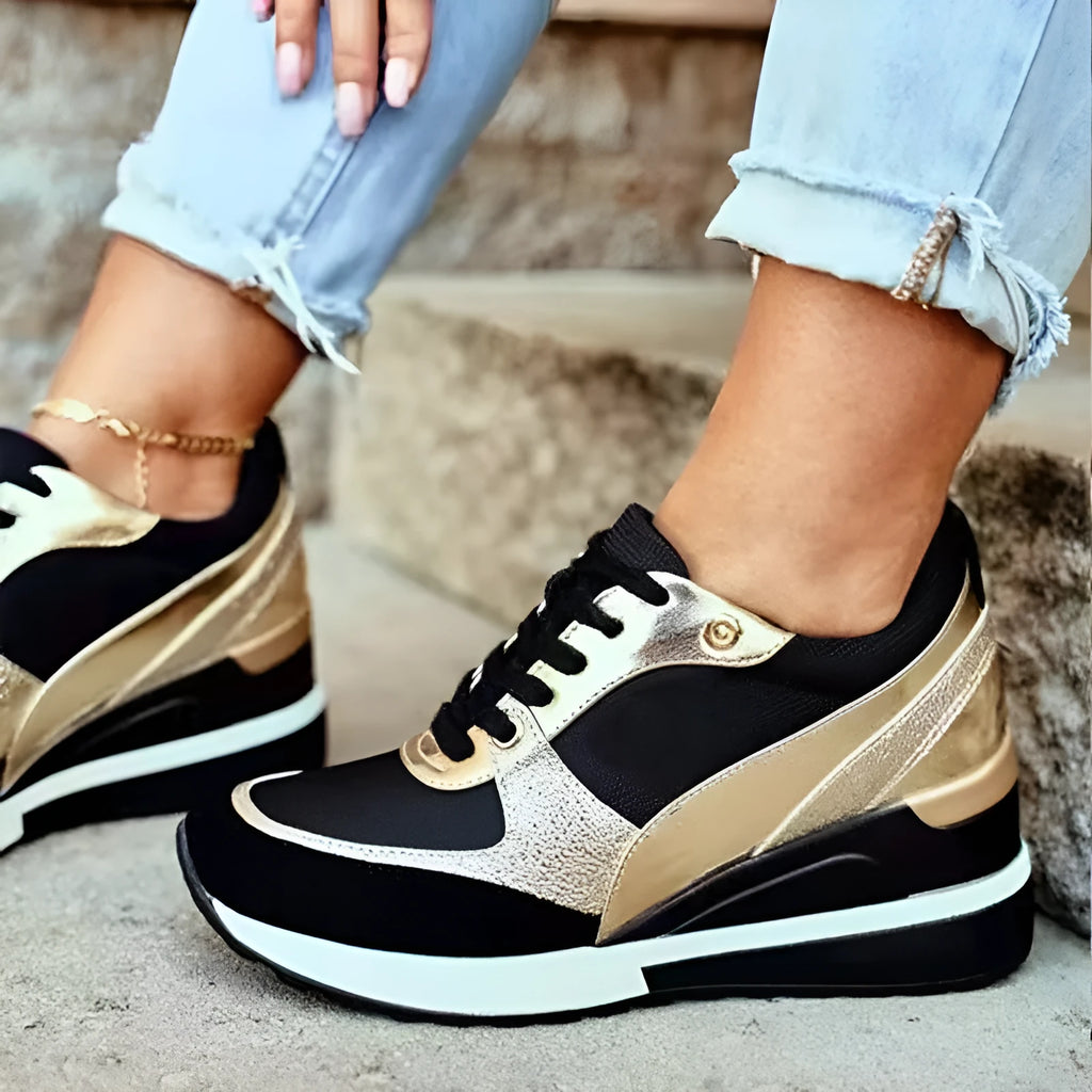 Women's platform colorblock sequin flat casual sneakers in black and gold, round toe, front lace-up
