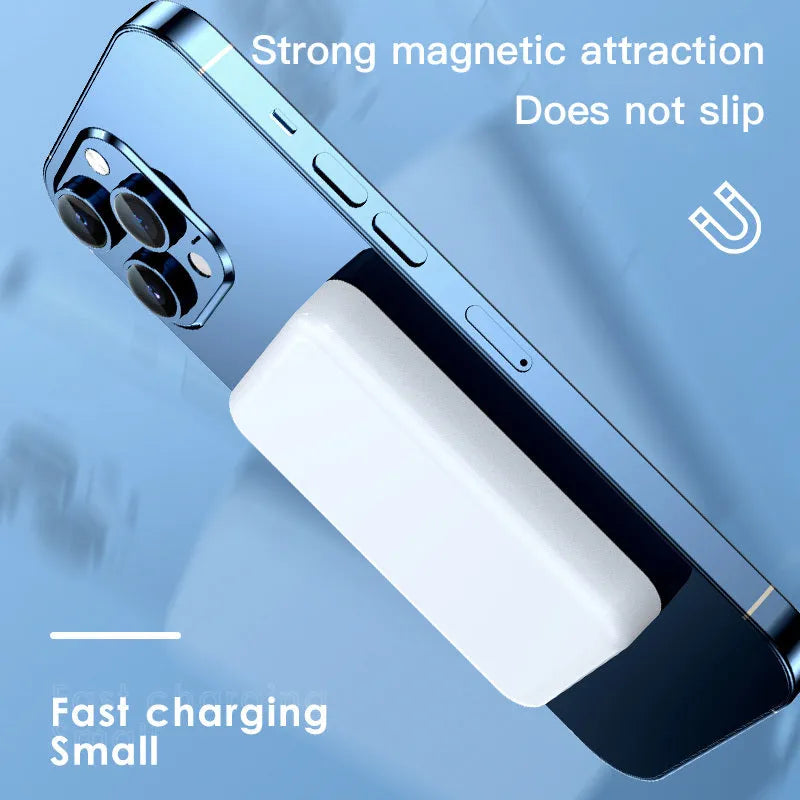 Pink, purple, and white magnetic wireless power bank showing 20000mAh capacity and dimensions.