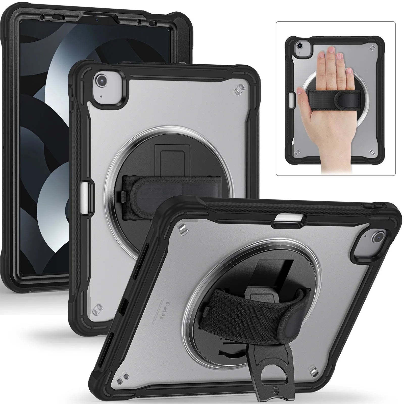 iPad Mini 6 case with rotating bracket and lanyard in black PC TPU material