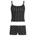 Polka dot suspender shorts suit for women black contrast colour sleeveless top and shorts polyester milk silk fabric size S M L