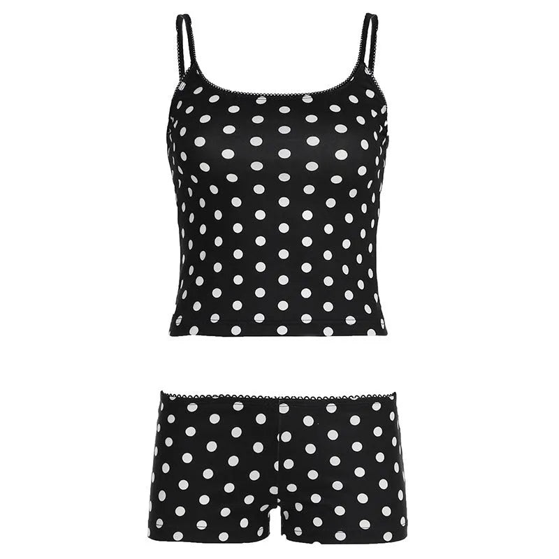 Polka dot suspender shorts suit for women black contrast colour sleeveless top and shorts polyester milk silk fabric size S M L