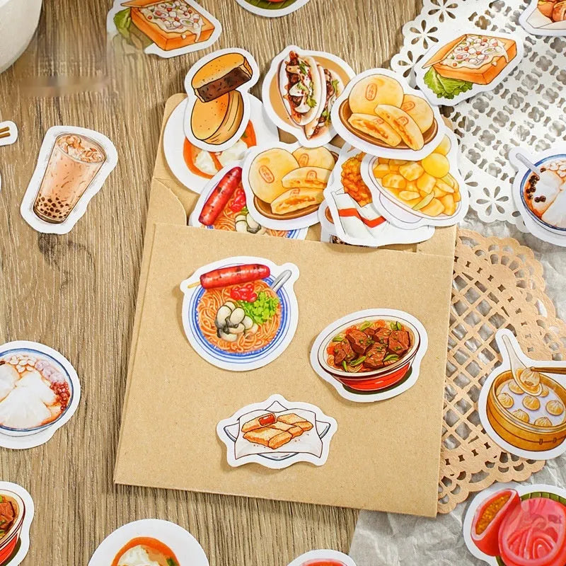 Box-packed night market snacks retro stickers 46 pieces adhesive labels for DIY decoration