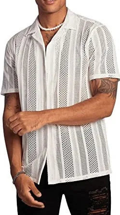 Man wearing a black knitted short-sleeve button-down shirt with a jacquard pattern texture.