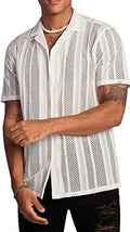 Man wearing a black knitted short-sleeve button-down shirt with a jacquard pattern texture.