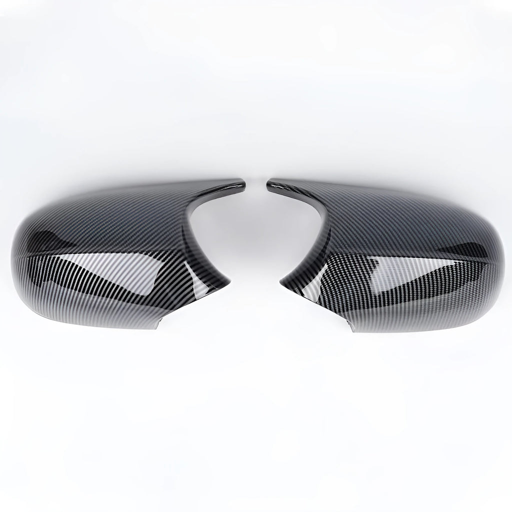 Pair of black ABS plastic rearview mirror shells for BMW 3 Series E90 car.