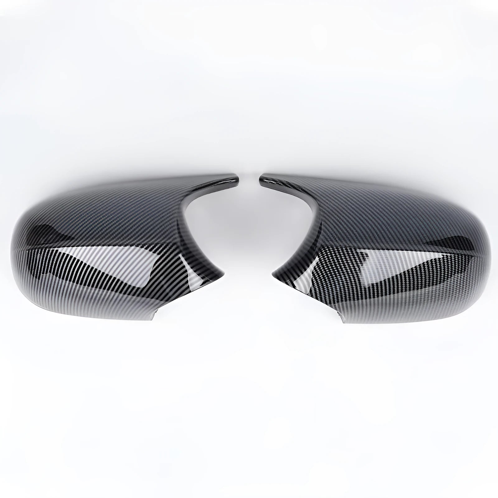 Pair of black ABS plastic rearview mirror shells for BMW 3 Series E90 car.