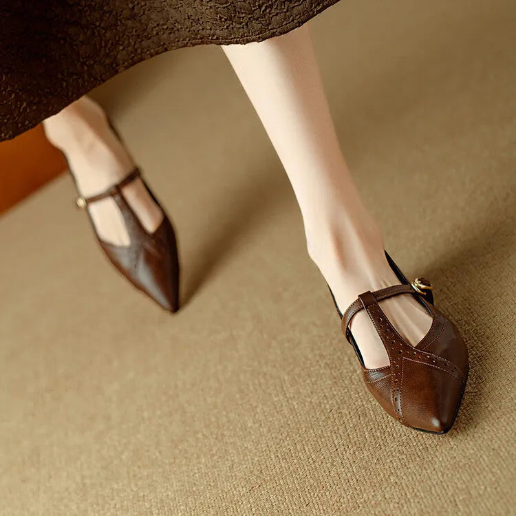 Brown women's pointed toe flat shoes with a low-cut design and soft sole.
