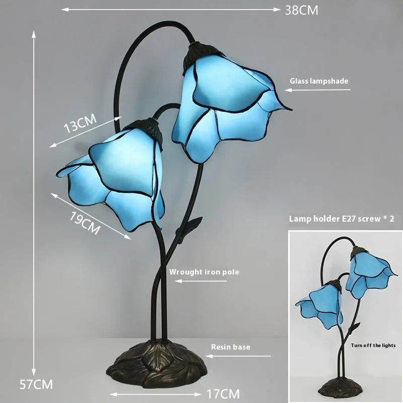 American classical retro style glass table lamp with ornate lotus shade, shown in a beige double head configuration.