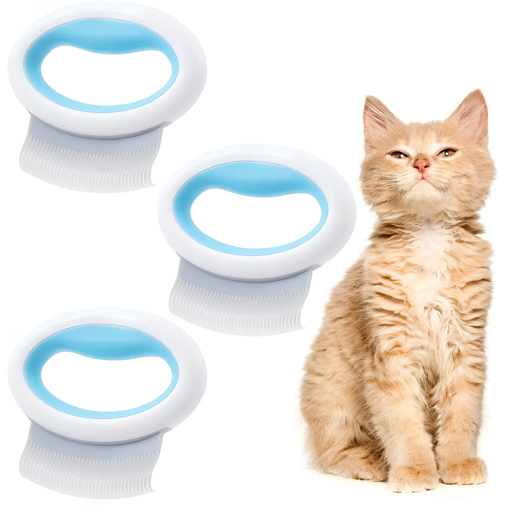 Blue pet deshedding comb with soft teeth and ergonomic plastic handle for cats and dogs.