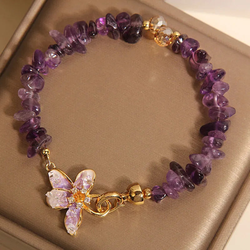 Crystal gravel wisteria flower bracelet in purple with alloy inlay and artificial gemstone details for women