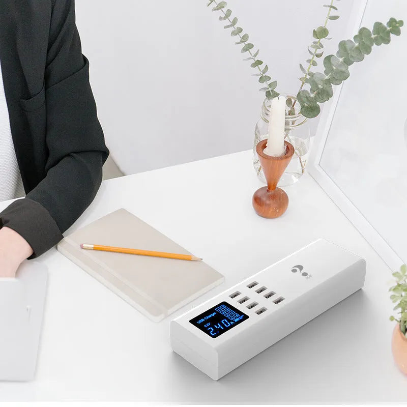 Smart multi-port USB charger in ceramic white, 220x67x39mm, with indication light and 1.5m cable