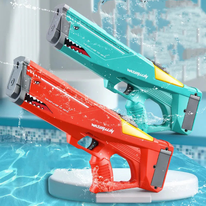 Red electric shark water gun 44cm long with 500ml tank, battery, screwdriver, and USB cable for kids water fights
