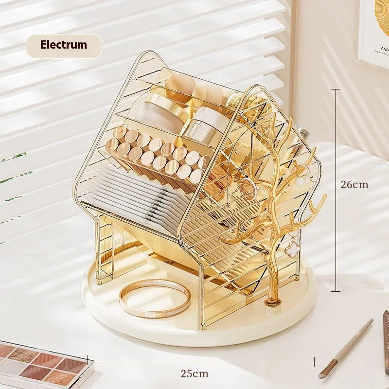 Rotating cosmetics storage box with clear amber gold plastic construction and 360-degree rotation