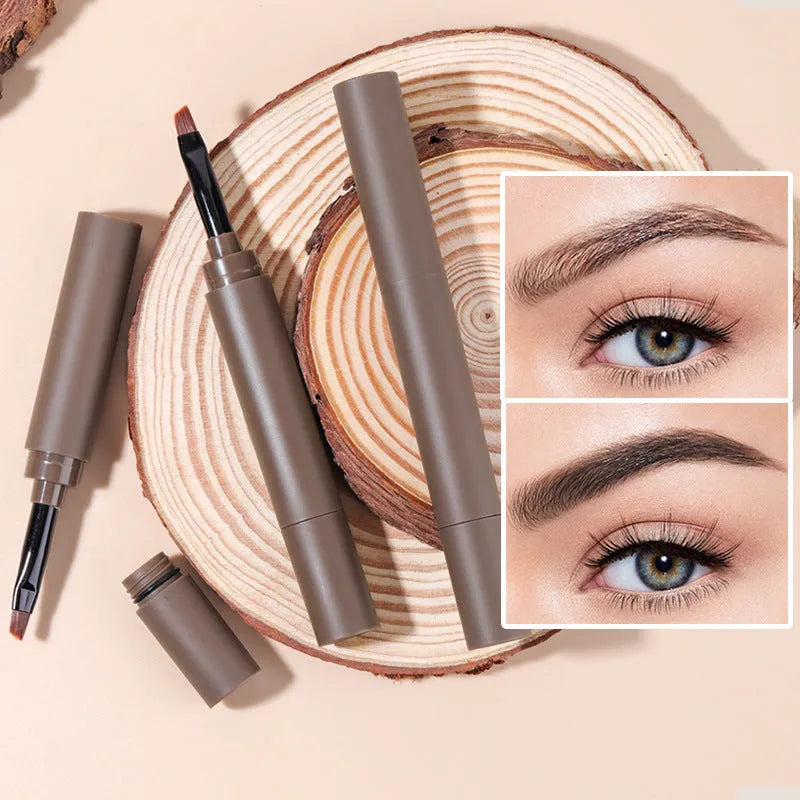 Double-headed eyebrow cream showing pencil and powder ends, displayed with five colour shades.