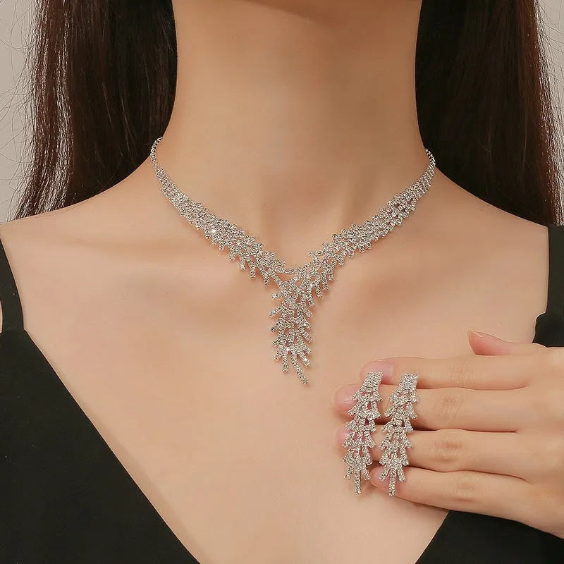 Claw chain rhinestone necklace earring bracelet set with round stones electroplated finish women European American style