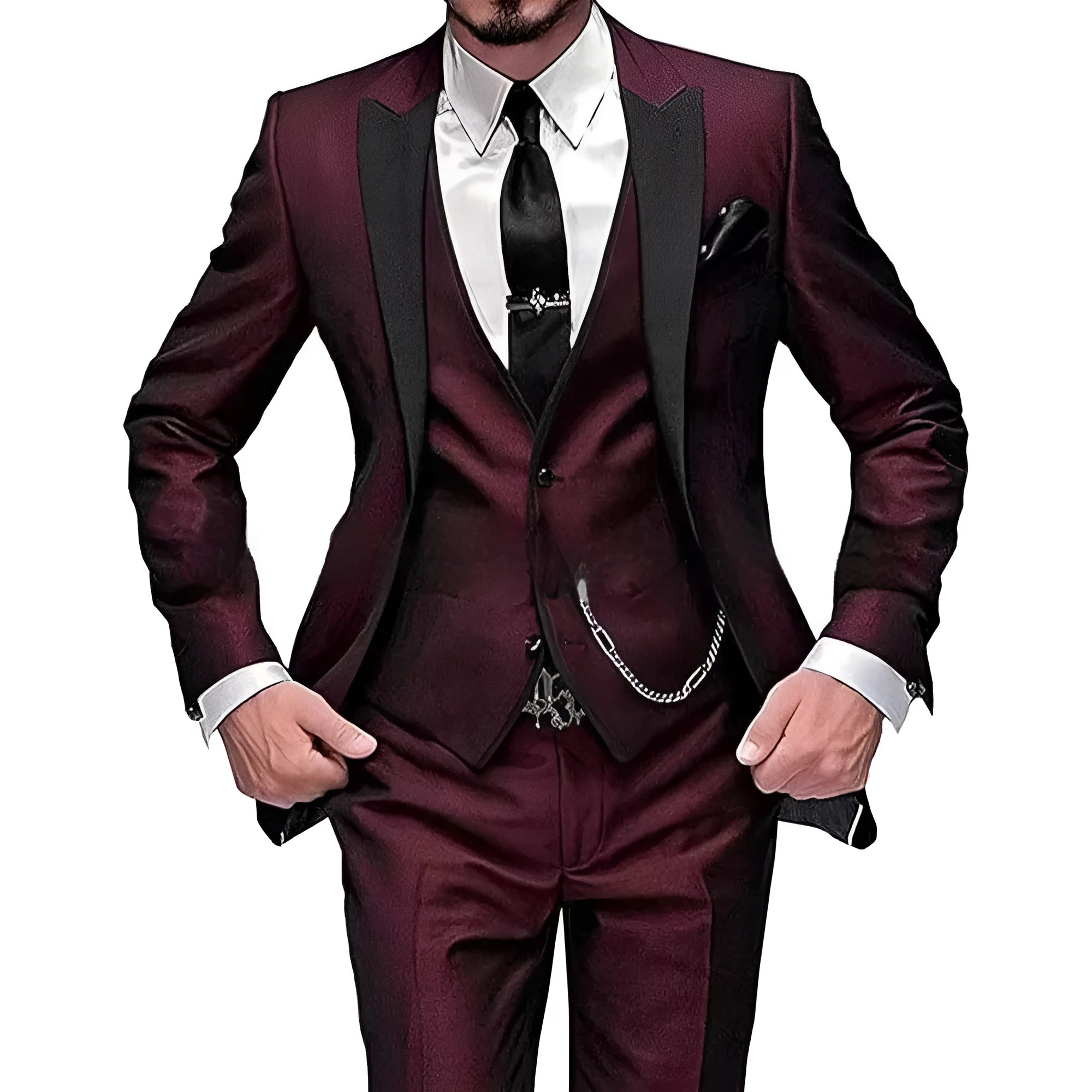 Black collar color block nylon three piece suit set with blazer vest and trousers for light business wear