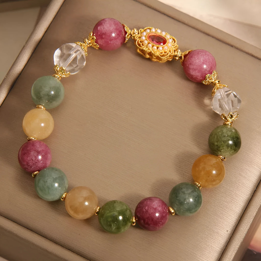 Jade colour tourmaline round bead bracelet for women on Pearl Crystal and alloy base with rhinestones.