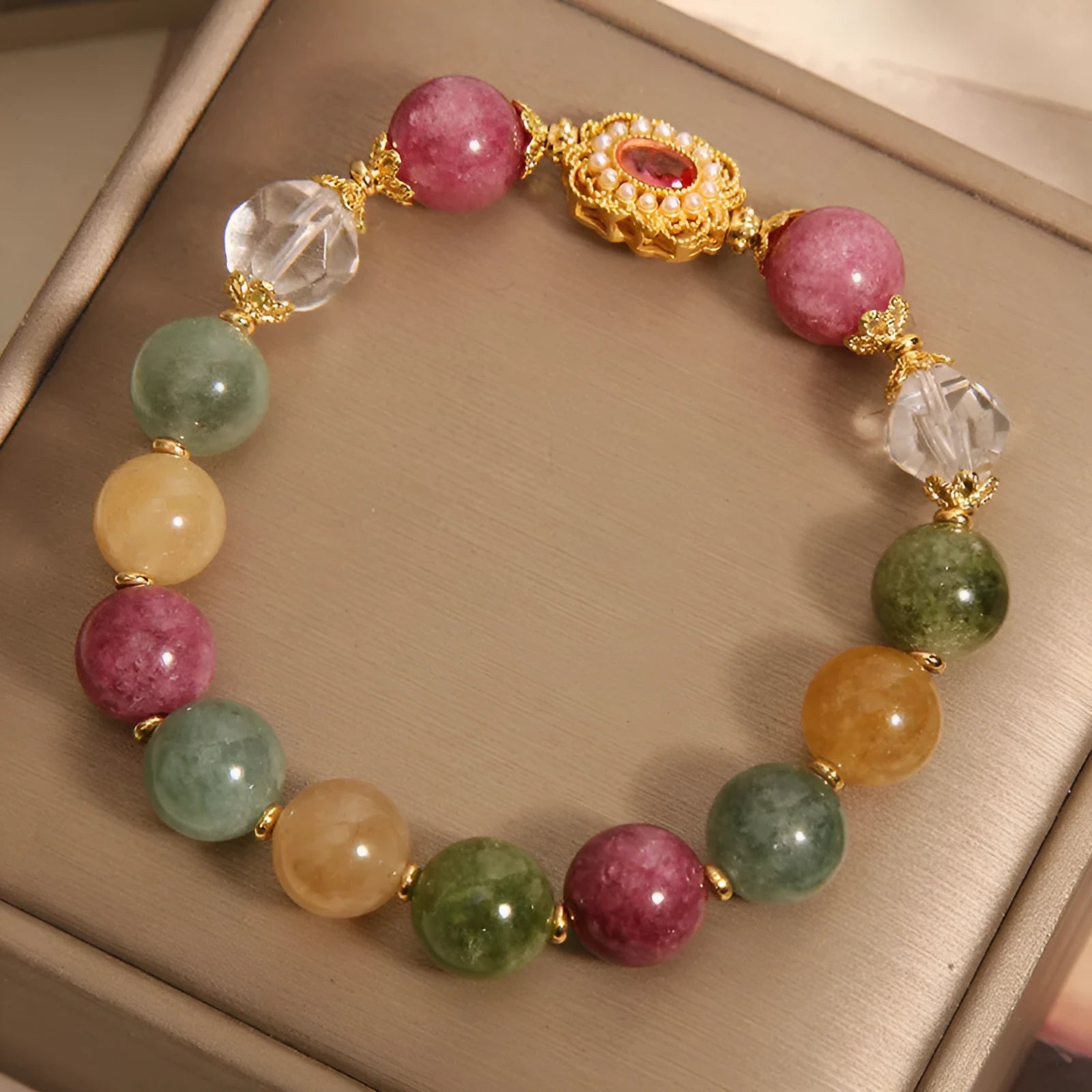 Jade colour tourmaline round bead bracelet for women on Pearl Crystal and alloy base with rhinestones.
