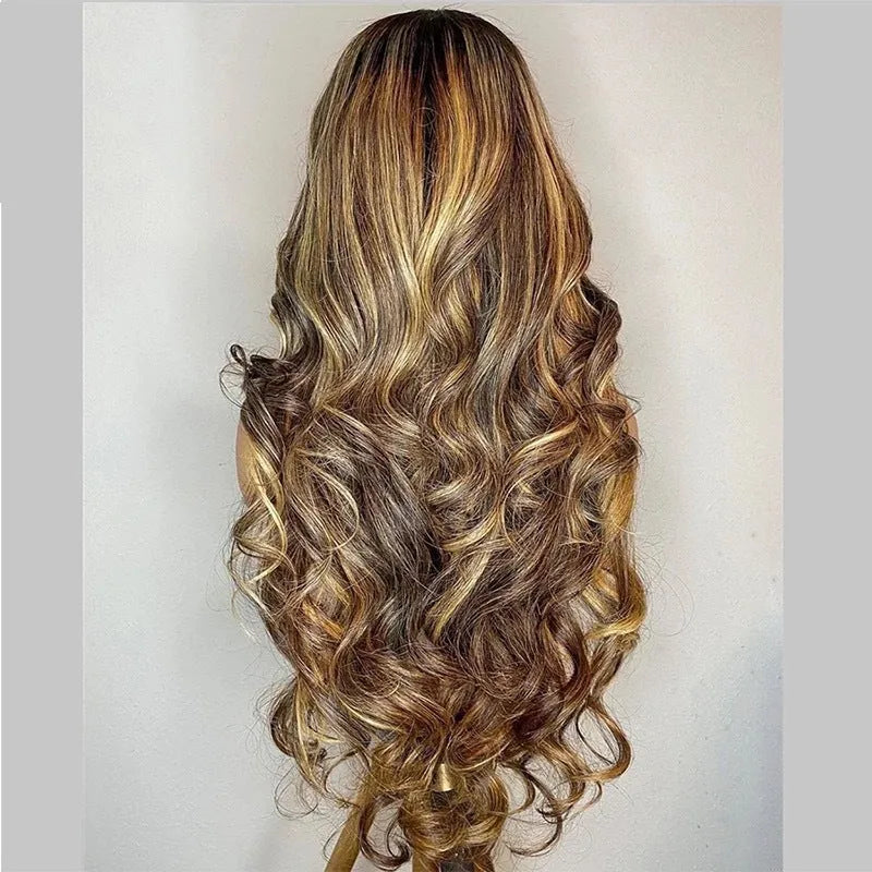 Front lace wig with long curly brown gradient hair and a side fringe.
