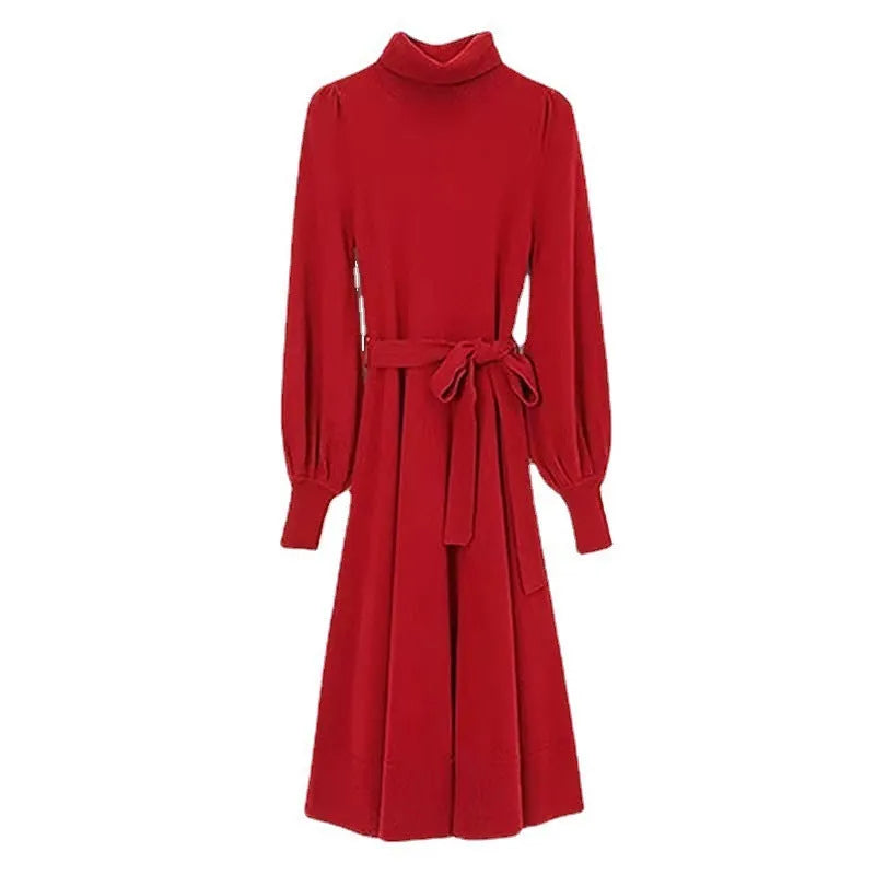 Rose red turtleneck knit dress with long sleeves, elastic waist, and a loose mid-length hem.