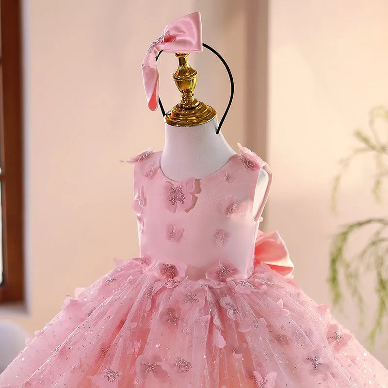 Pink children's little princess dress with polyester fibre fabric, suitable for heights 80-150cm, flower girl style