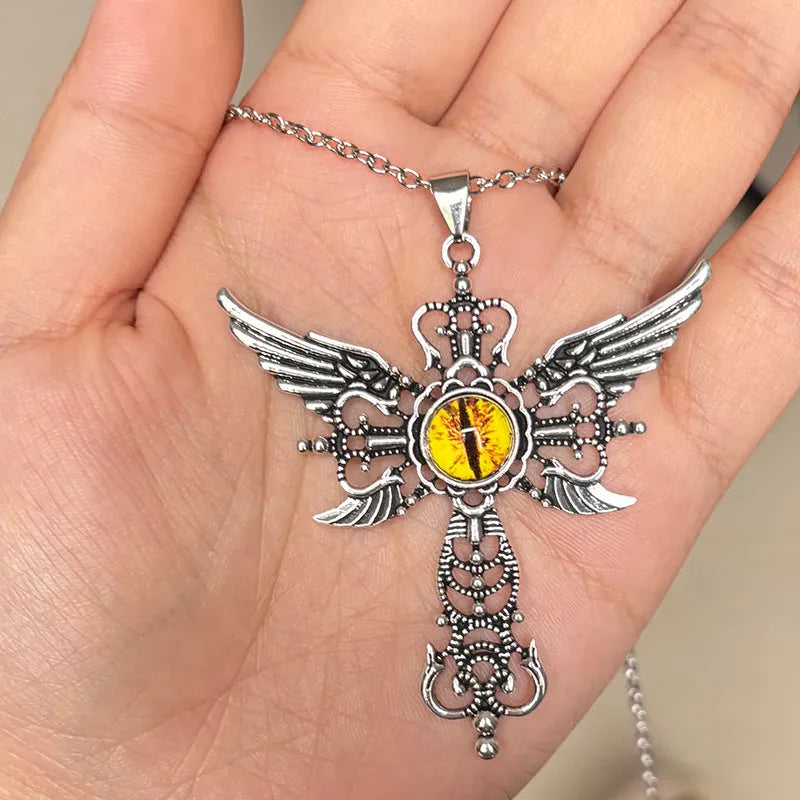 Geometric devil wings and cross pendant necklace in alloy, shown in a choice of blue, green, purple, red, or yellow colour finishes.