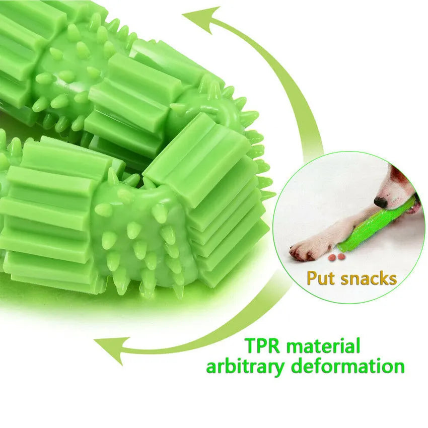 Green and orange rubber dog chew toy with treat dispensing compartment and squeaker for aggressive chewers