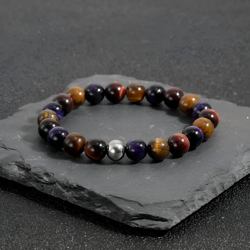 Handmade natural tiger-eye stone bracelet with geometric beads on elastic cord