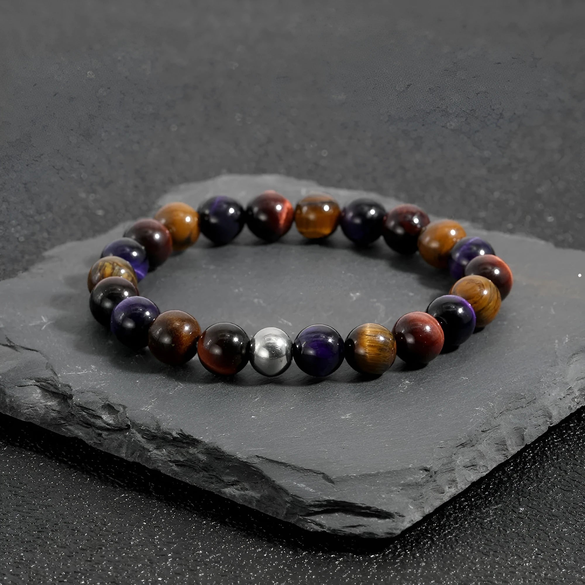 Handmade natural tiger-eye stone bracelet with geometric beads on elastic cord