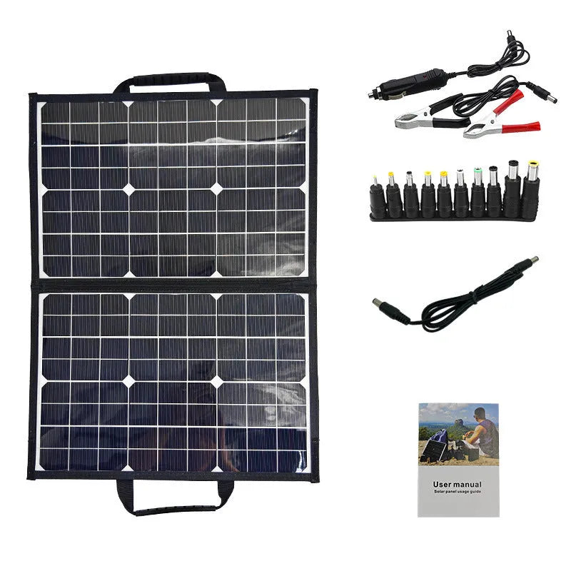 Black polyester folding bag containing a 40W single-crystal solar panel for portable outdoor charging
