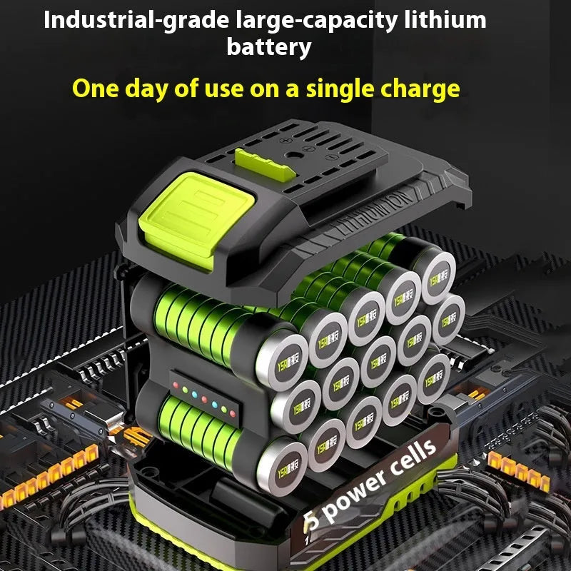 21V brushless impact drill with 10mm chuck, 150Nm torque, and two lithium batteries