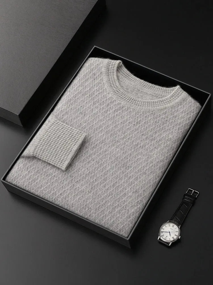 Round-neck long-sleeve grid pattern pullover sweater in fancy yellow, business casual winter style