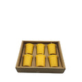 Six handmade beeswax and soy wax candles in cup shape, beeswax colour, 4.6cm x 5.2cm each, arranged on a surface