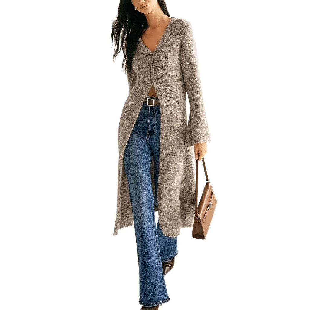 Khaki French style retro long sleeve coat cardigan with button front on display for commute and daily wear